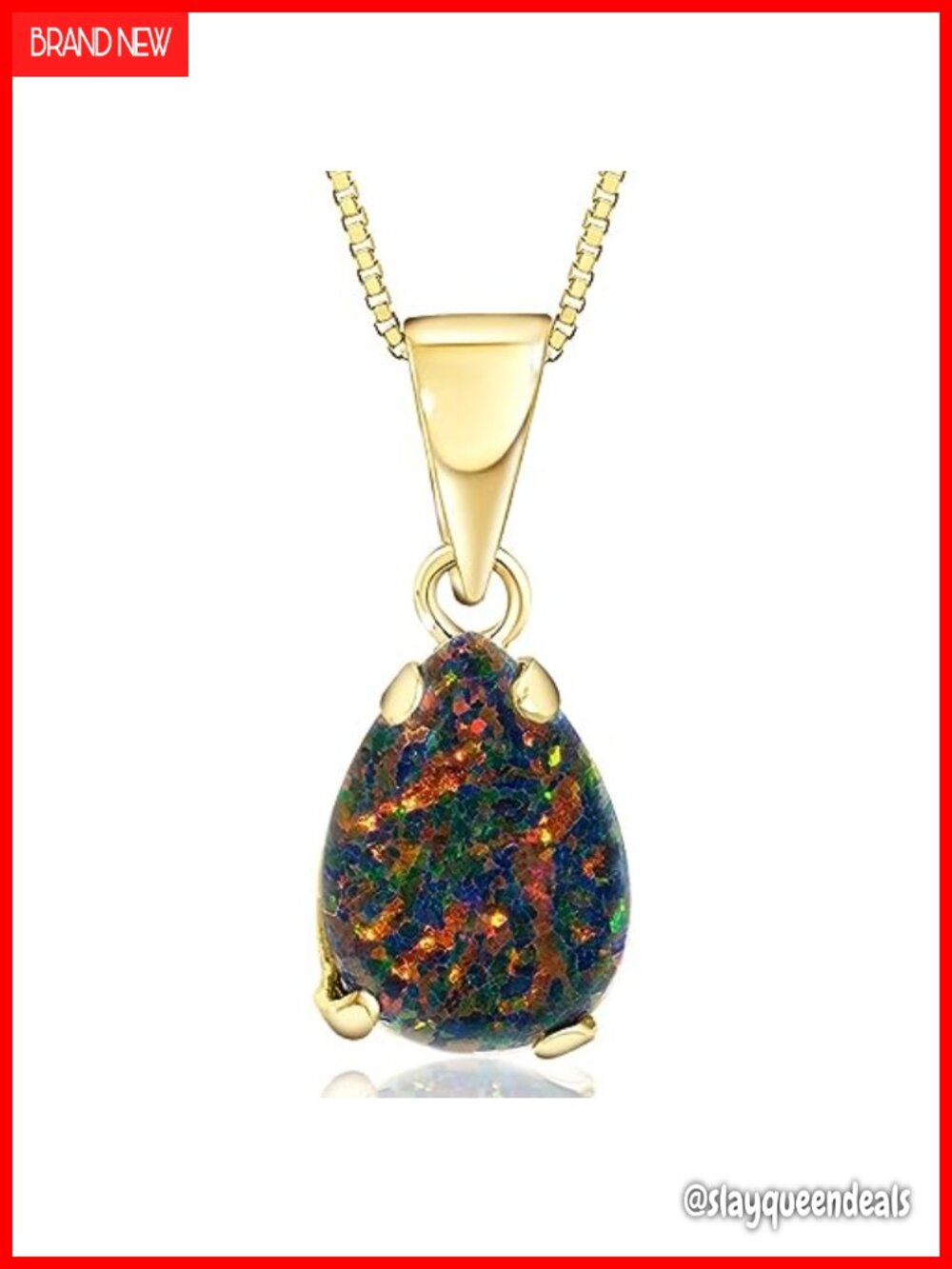 14K Solid Gold Simulated Black Opal Teardrop Pendant Only Women